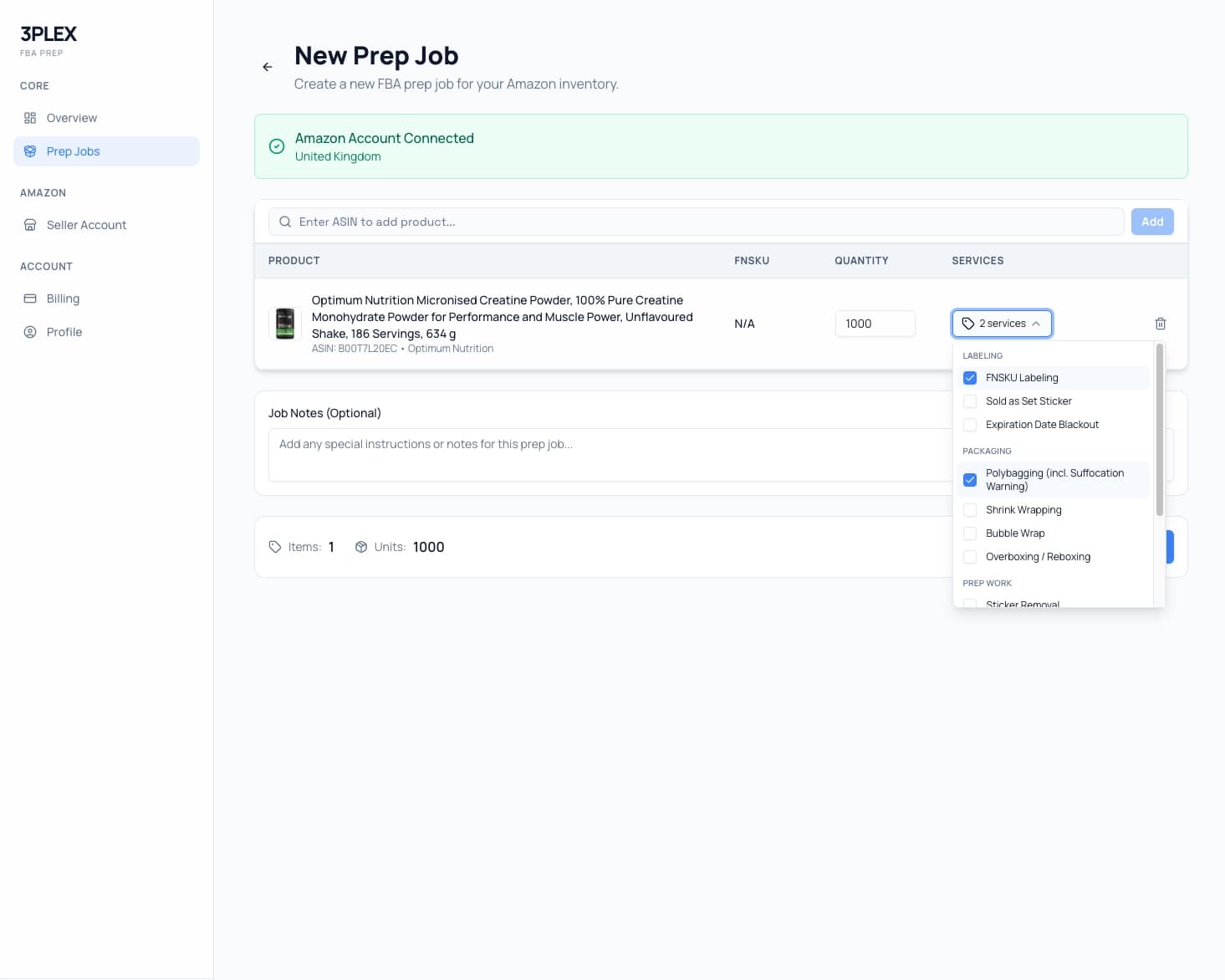 3PLEX FBA Prep Dashboard - Create prep jobs, track shipments, and manage Amazon inventory